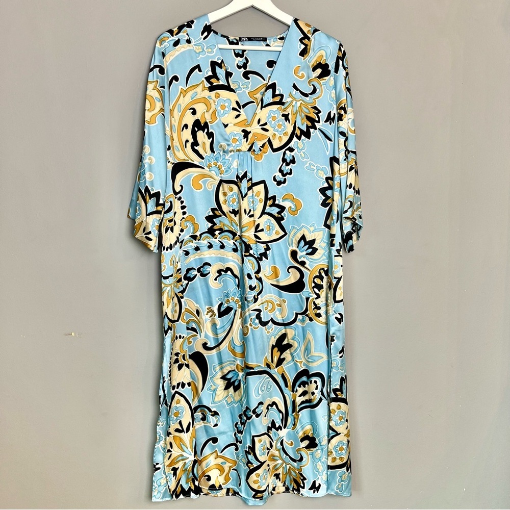 Zara Sky Blue, Satin, V-Neck, Floral Patterned Tunic Dress